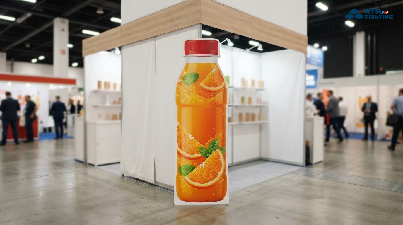 Standee formex hình chai nước ép trái cây khổng lồ tại gian hàng hội chợ