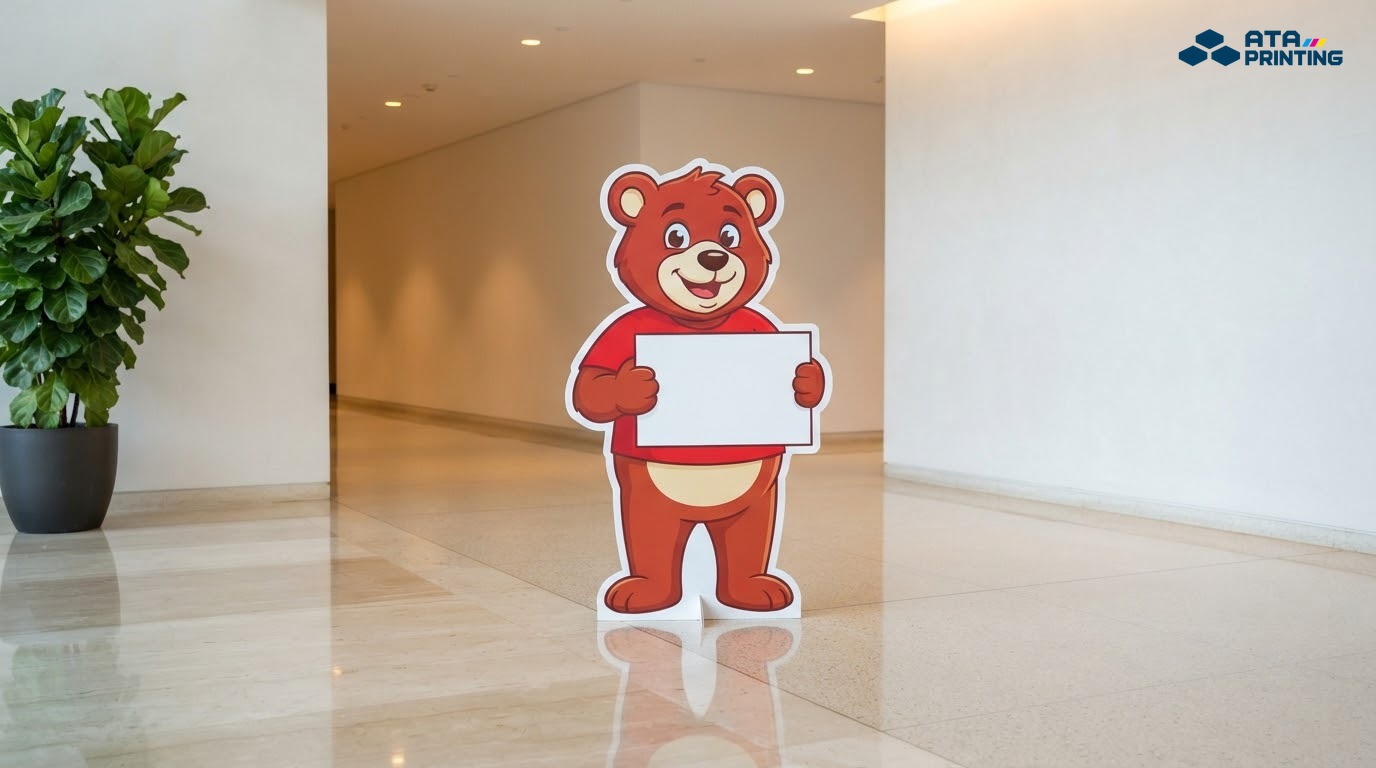 Standee formex hình linh vật gấu cầm tấm bảng trơn trong sảnh trung tâm thương mại