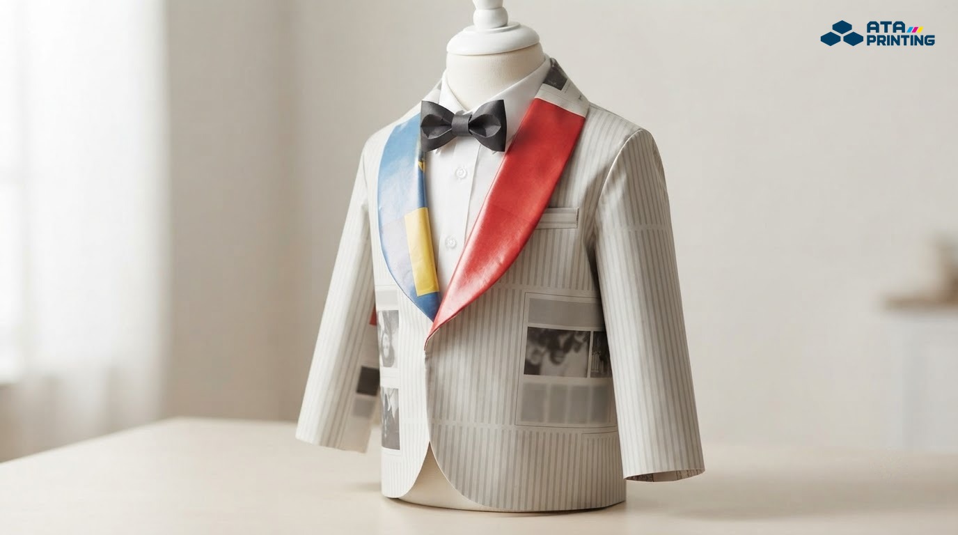 Áo tuxedo trẻ em bằng giấy báo với ve áo cổ sam bồi giấy couche bóng nhiều màu