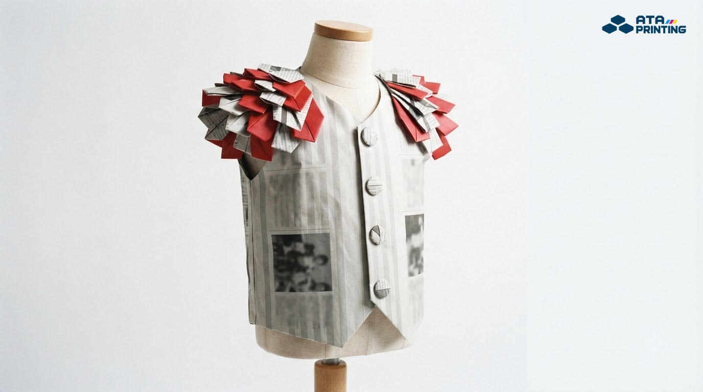 Áo vest giấy báo với cầu vai gắn khối origami hình cánh quạt xếp lớp đỏ và xám