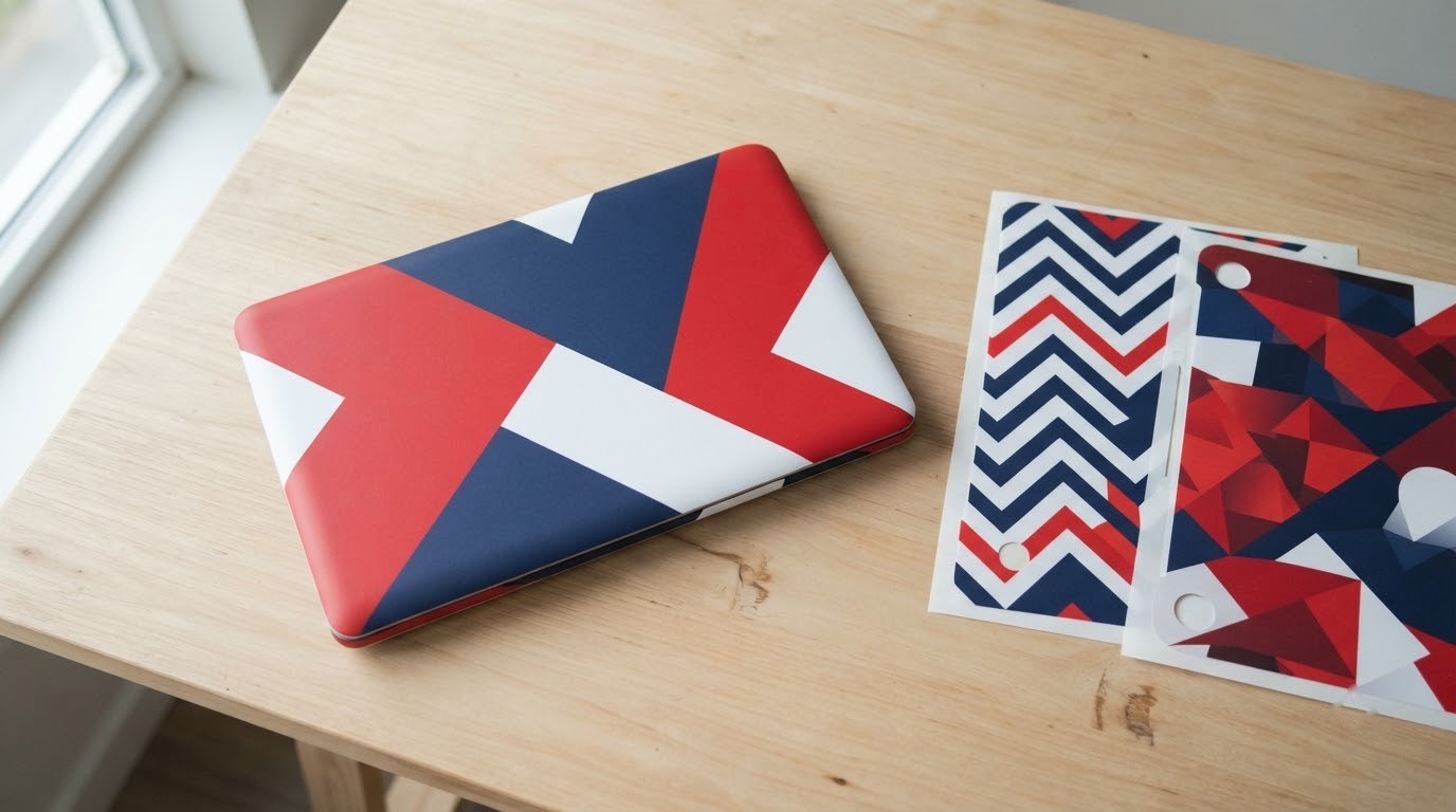 Laptop dán skin khối hình học đỏ, xanh navy và trắng cạnh hai tấm decal dán laptop