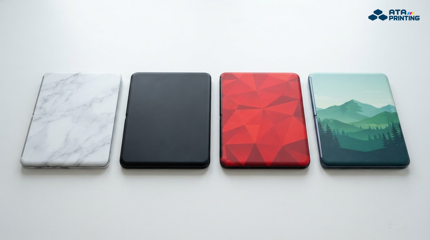 Bốn mặt lưng laptop dán skin vân đá, đen nhám, đa giác đỏ và phong cảnh núi