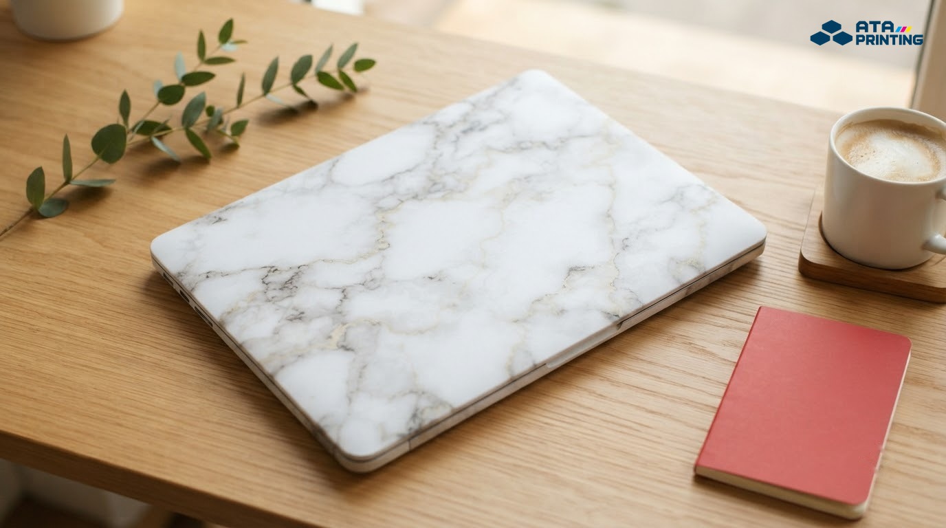 Laptop dán skin vân đá cẩm thạch trắng có đường vân xám và vàng nhạt