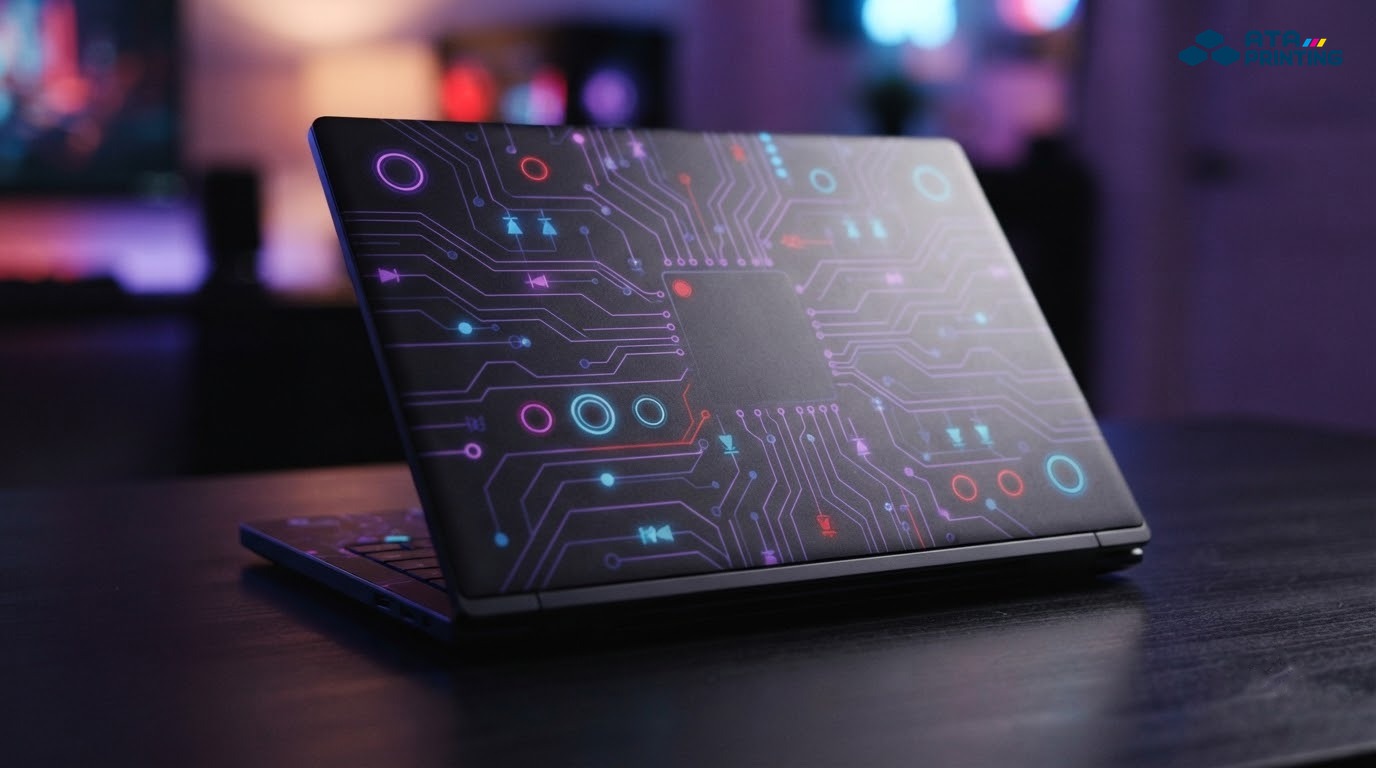 Laptop dán skin nền đen họa tiết mạch điện tử neon tím và xanh