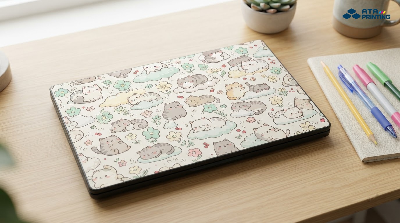 Laptop dán skin hoạt hình mèo nằm trên mây và hoa màu pastel cạnh bút màu