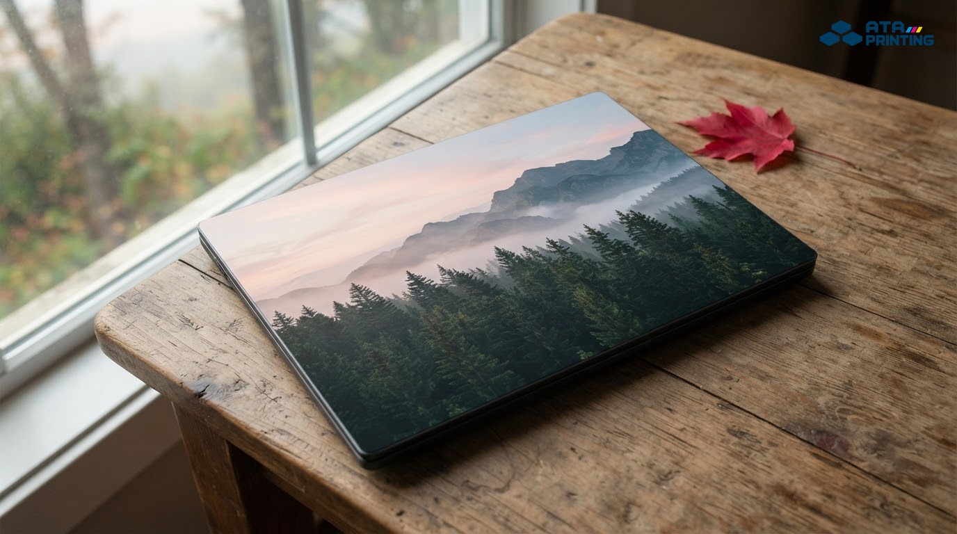 Laptop dán skin phong cảnh rừng thông và núi trong sương