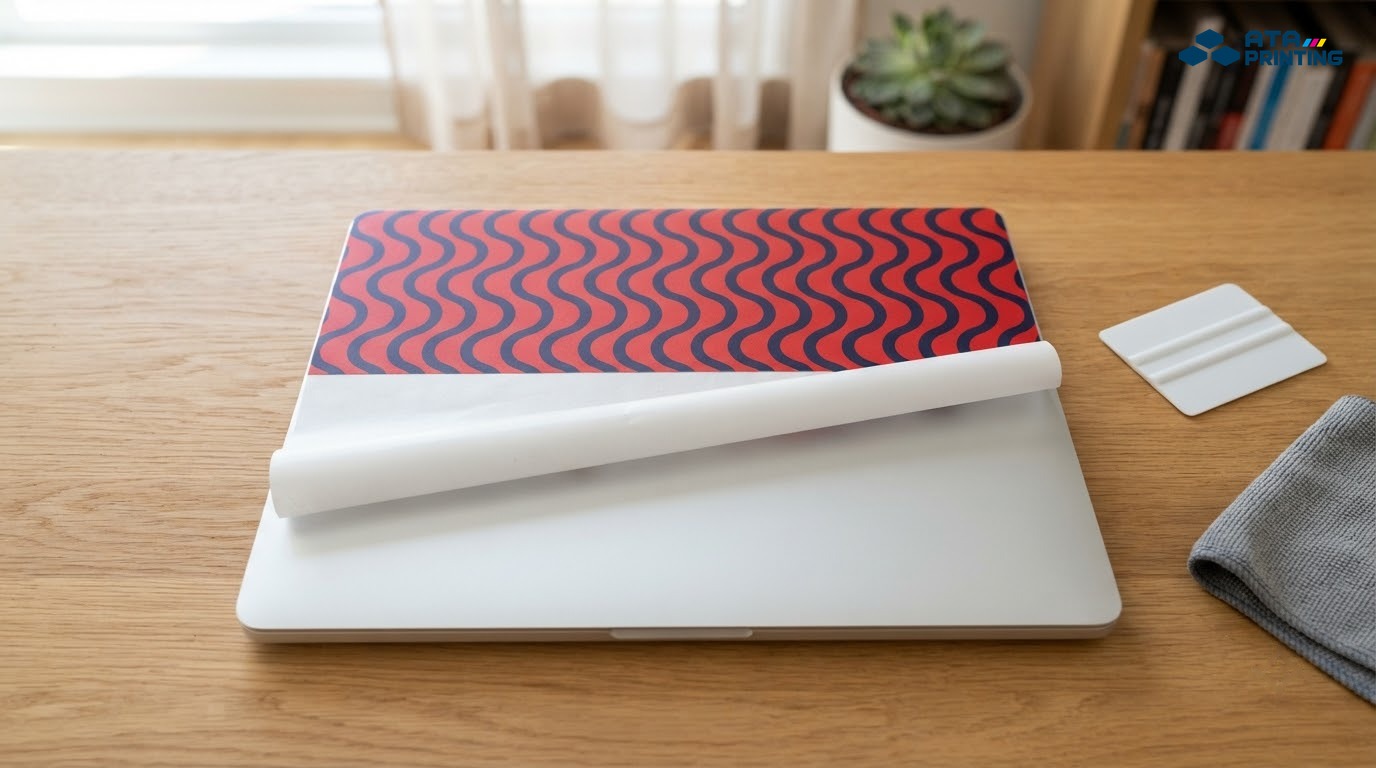 Skin sọc lượn sóng đỏ xanh đang dán lên lưng laptop, lớp đế bóc dở, cạnh miếng gạt và khăn