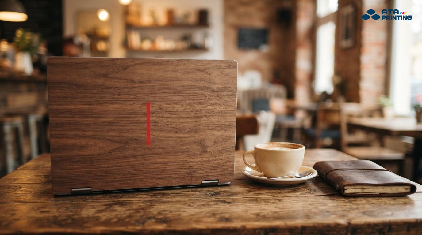 Laptop mở dán skin vân gỗ trên bàn quán cà phê, nhìn từ phía sau màn hình