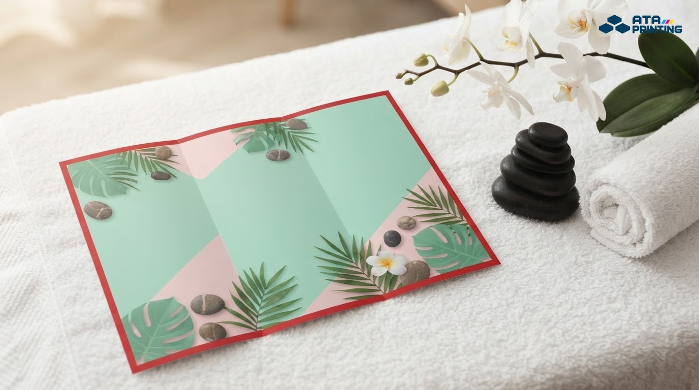 Tờ gấp spa tông xanh mint và hồng có lá cây, đá cuội trên khăn trắng cạnh đá massage và hoa lan