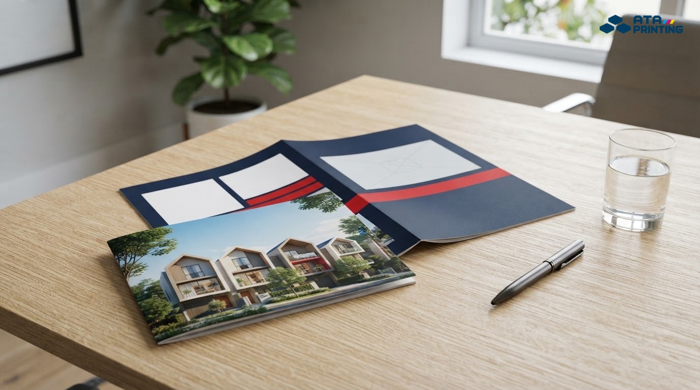 Tờ gấp đôi khổ A4 in ảnh dãy nhà phố hiện đại trên bàn họp gỗ