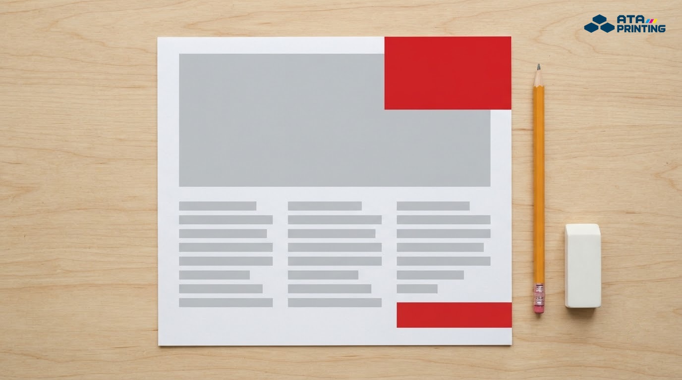 Bản in thử leaflet với khối ảnh xám, khối đỏ và các dải xám xếp theo thứ bậc cạnh bút chì