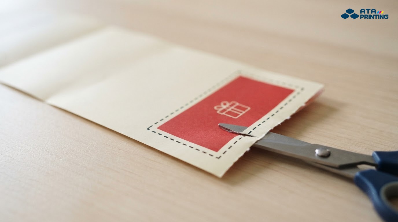 Kéo đang cắt góc voucher đỏ có đường nét đứt và hình hộp quà trên leaflet