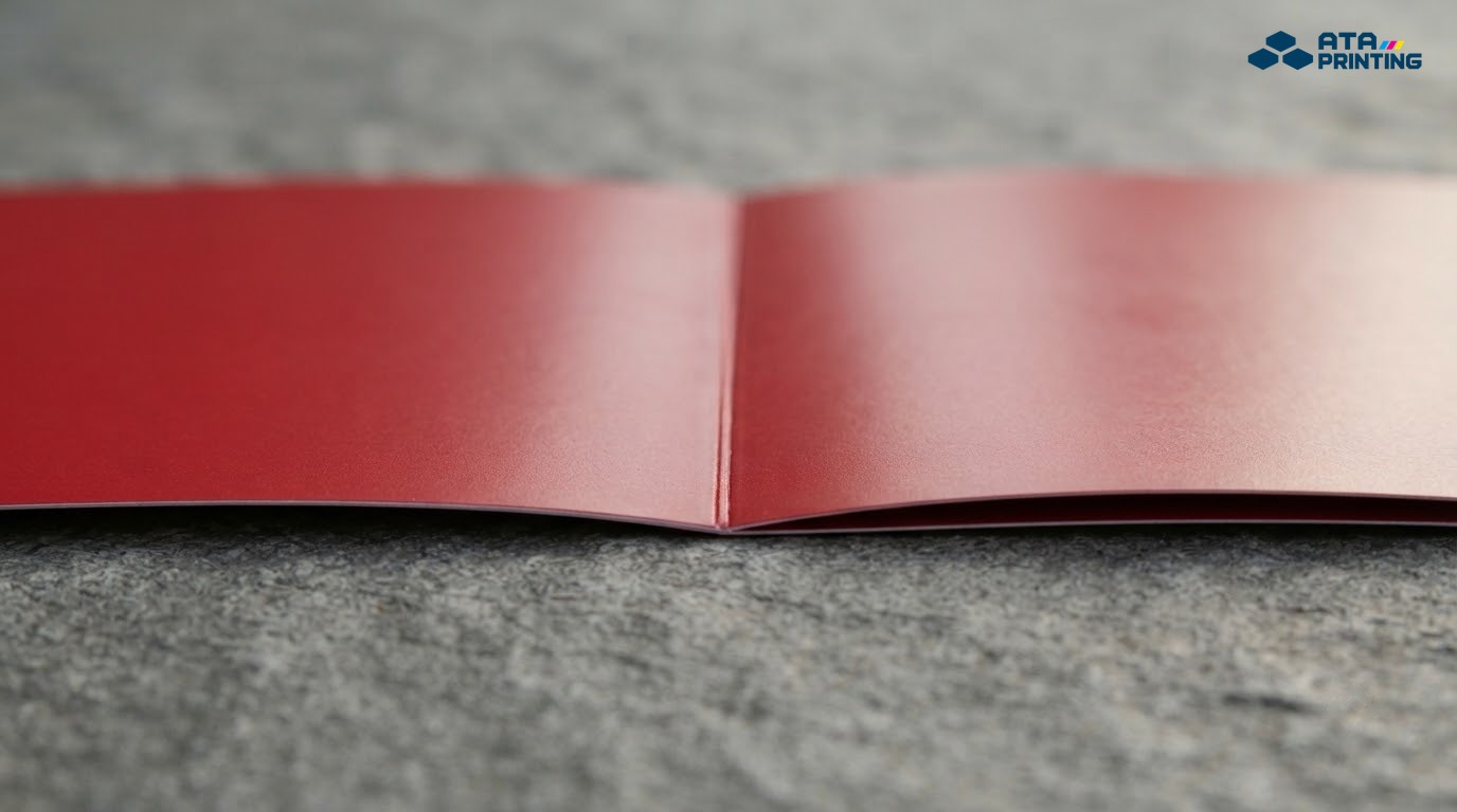 Cận cảnh nếp gấp leaflet đỏ cán màng mờ theo đường cấn, mực không nứt