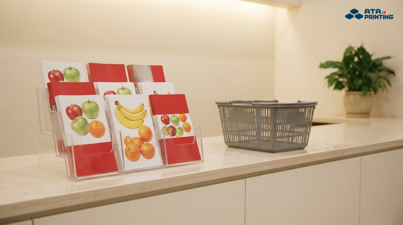 Kệ mica trên quầy chứa leaflet in trái cây và mảng đỏ cạnh giỏ mua hàng