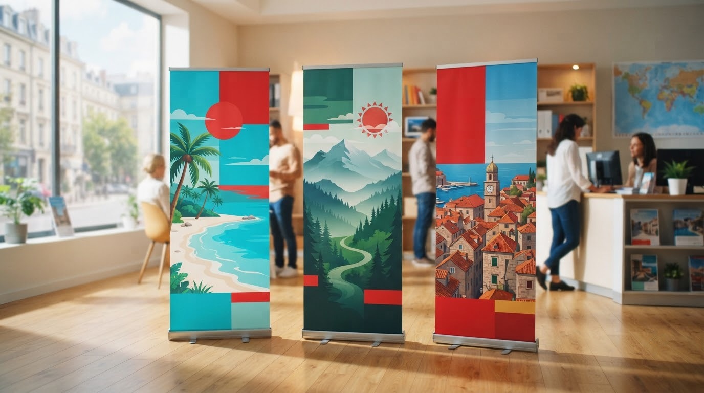 Ba standee du lịch in ảnh biển, núi rừng và phố cổ trong văn phòng lữ hành