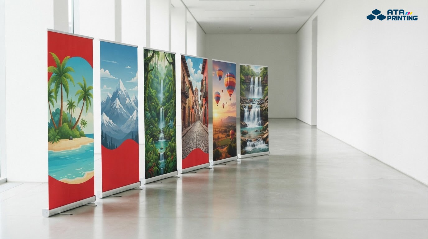 Nhiều standee du lịch đủ chủ đề xếp dọc lối đi hội chợ du lịch