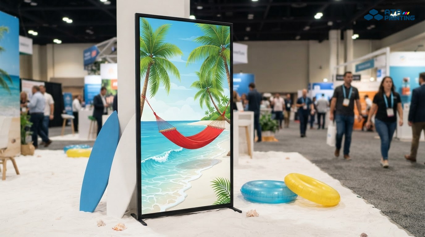 Standee in ảnh bãi biển nhiệt đới đặt cạnh ván lướt sóng và cát trắng