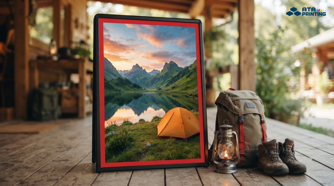 Standee in ảnh núi rừng và lều cắm trại đặt cạnh balo, đèn bão