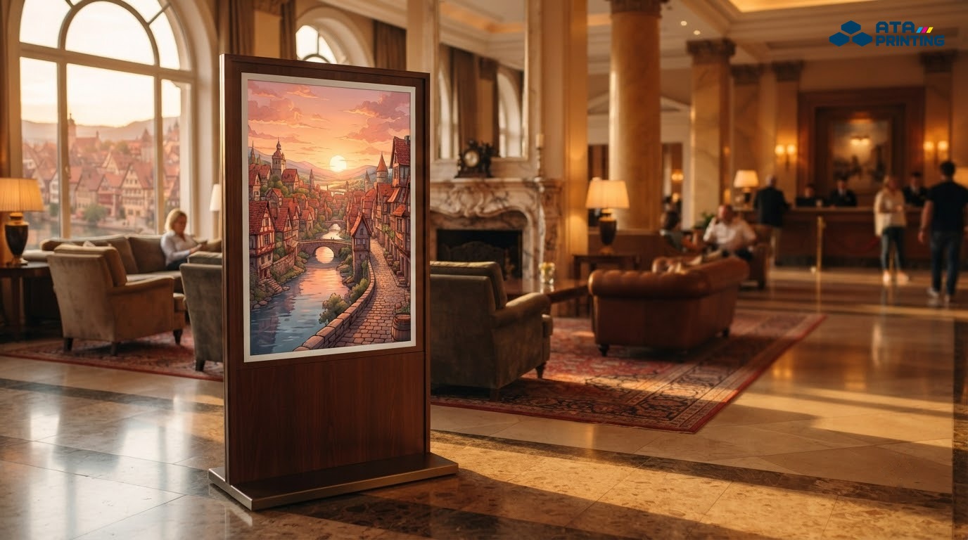 Standee in ảnh phố cổ châu Âu mái ngói đỏ bên dòng sông trong sảnh khách sạn