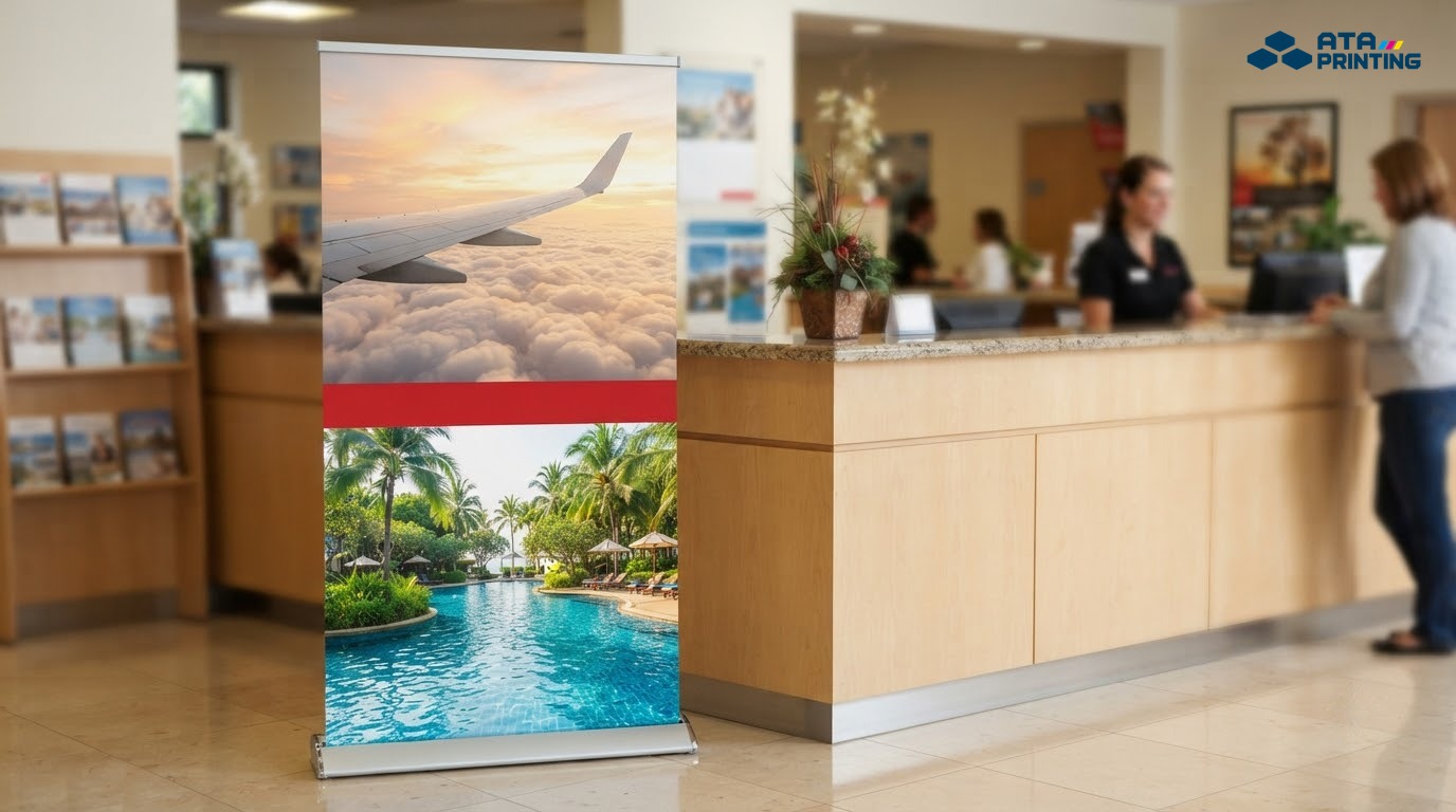 Standee in ảnh cánh máy bay trên mây và hồ bơi khách sạn