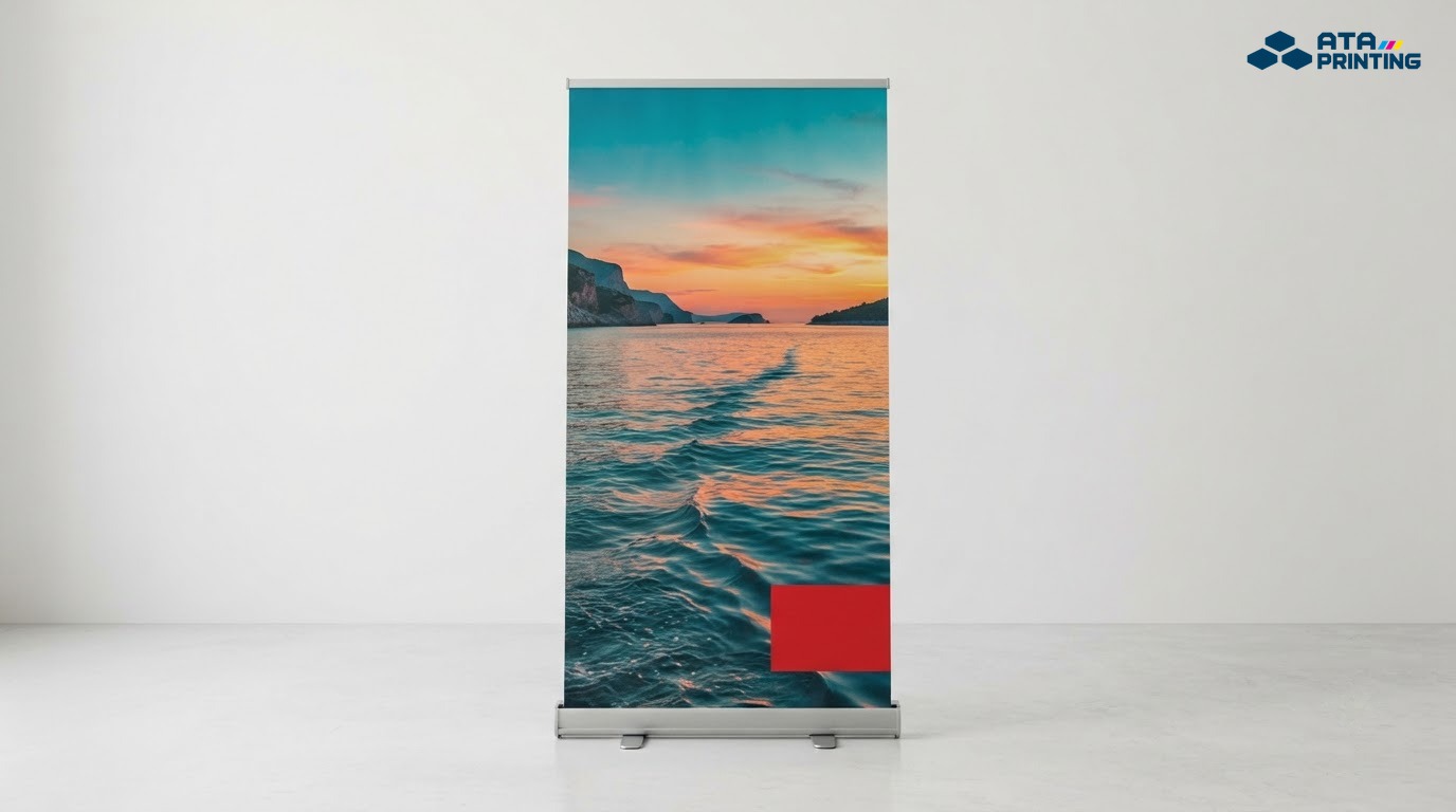 Standee phối tông xanh ngọc và cam hoàng hôn với ảnh biển chất lượng cao