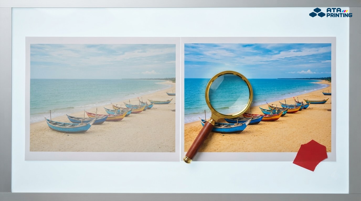 Hai bản in poster du lịch cùng ảnh đặt cạnh nhau để so độ tươi và độ nét