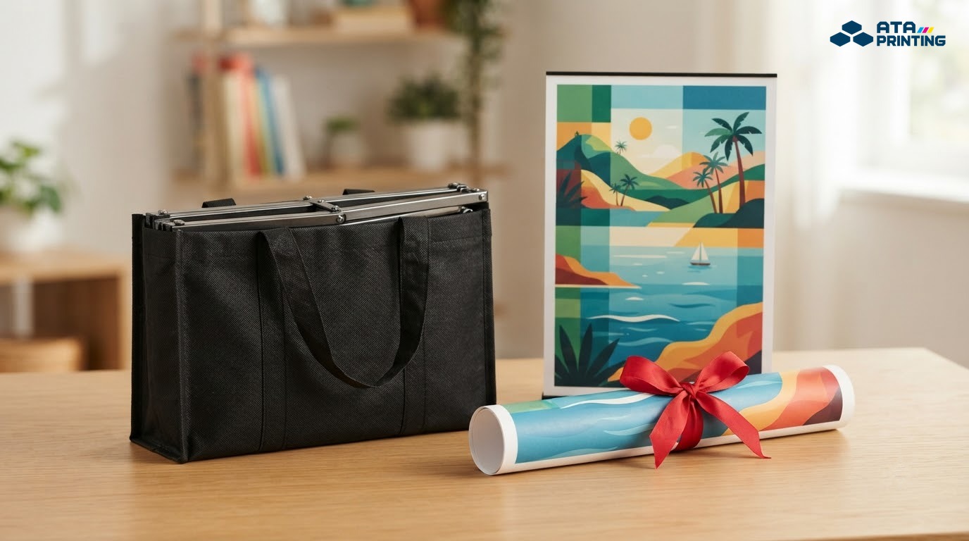 Bộ standee trọn gói gồm túi đựng, khung gấp và cuộn poster đã in