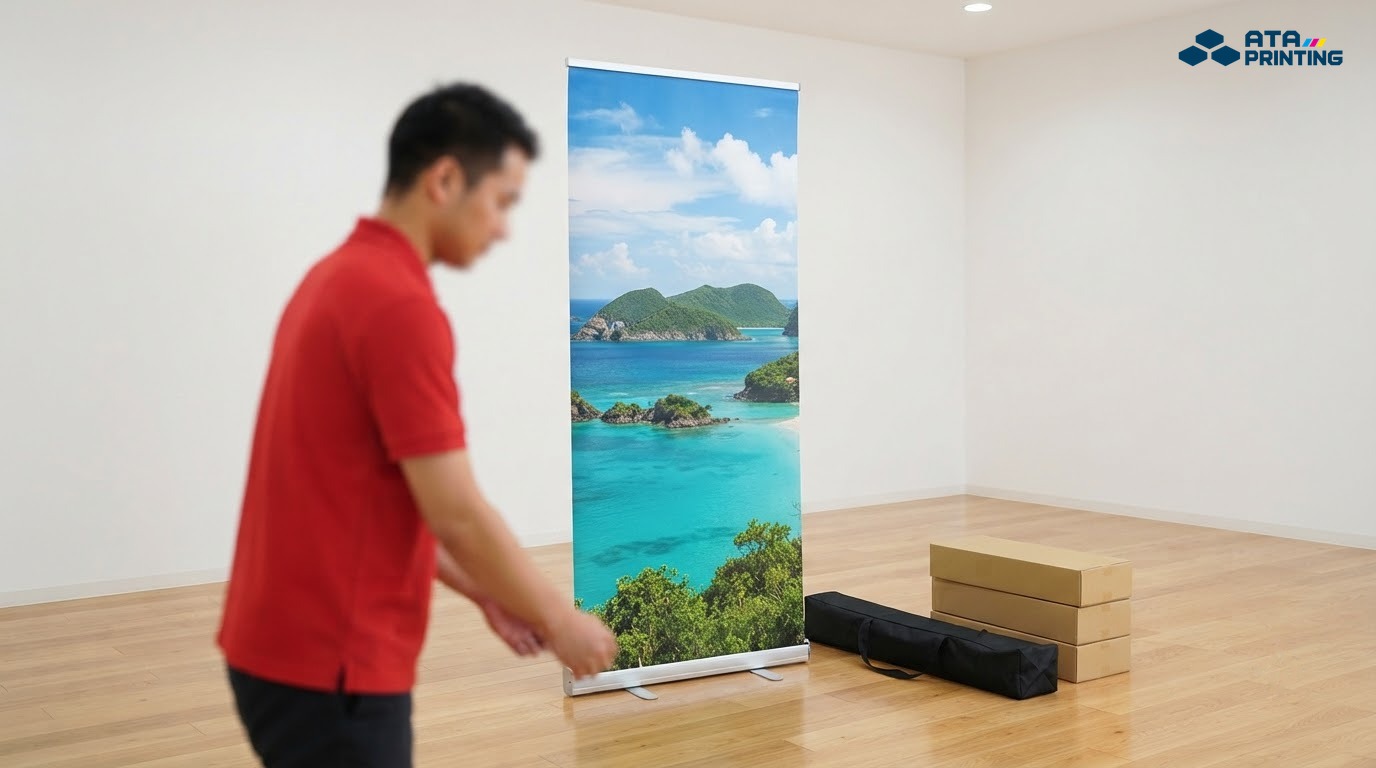 Nhân viên dựng standee du lịch tại gian hàng hội chợ