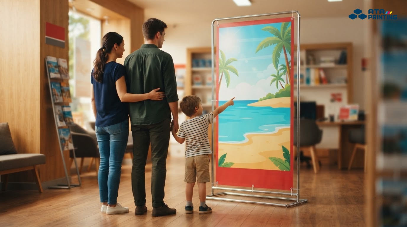 Gia đình dừng lại xem standee du lịch biển tại văn phòng lữ hành