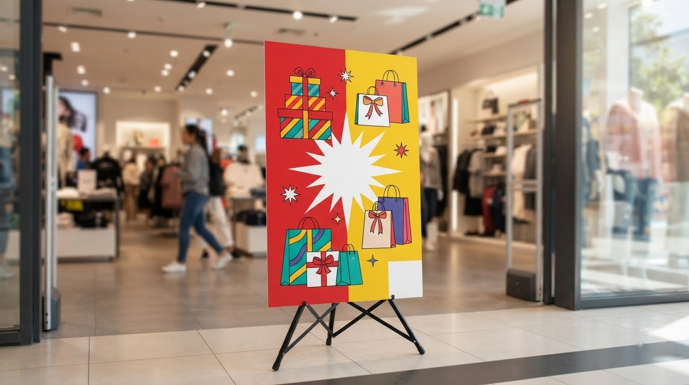 Hai standee khuyến mãi tông đỏ vàng đứng ở lối vào cửa hàng