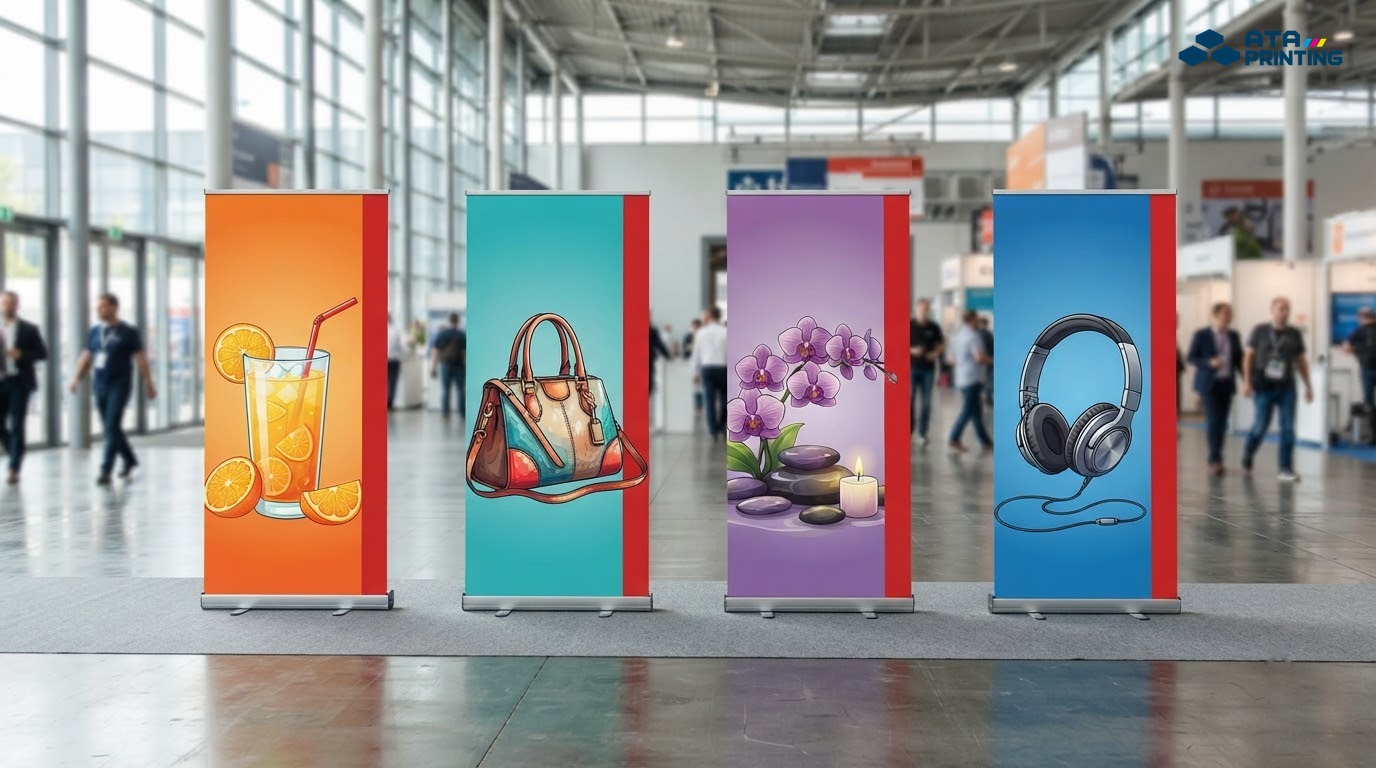 Bốn standee khuyến mãi của bốn ngành đứng thành hàng trong sảnh trưng bày