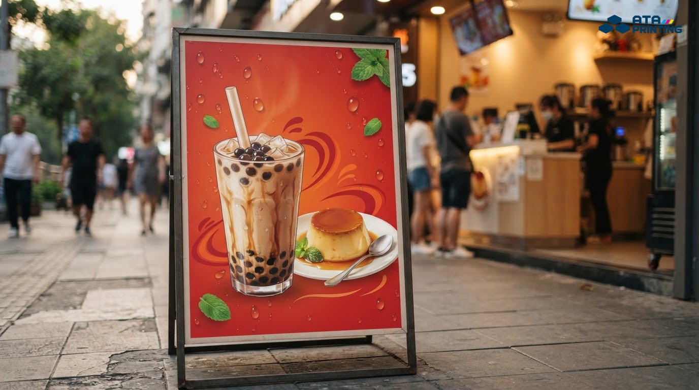 Standee trước quán trà sữa in ảnh ly trà sữa trân châu và bánh flan trên nền cam đỏ