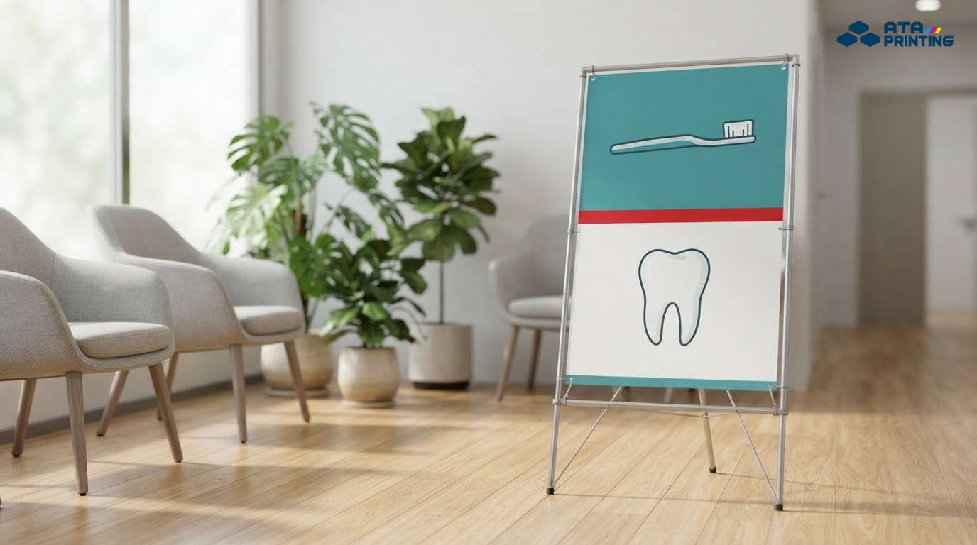Standee trong sảnh phòng khám nha khoa in ảnh bàn chải và mô hình răng trên nền xanh ngọc