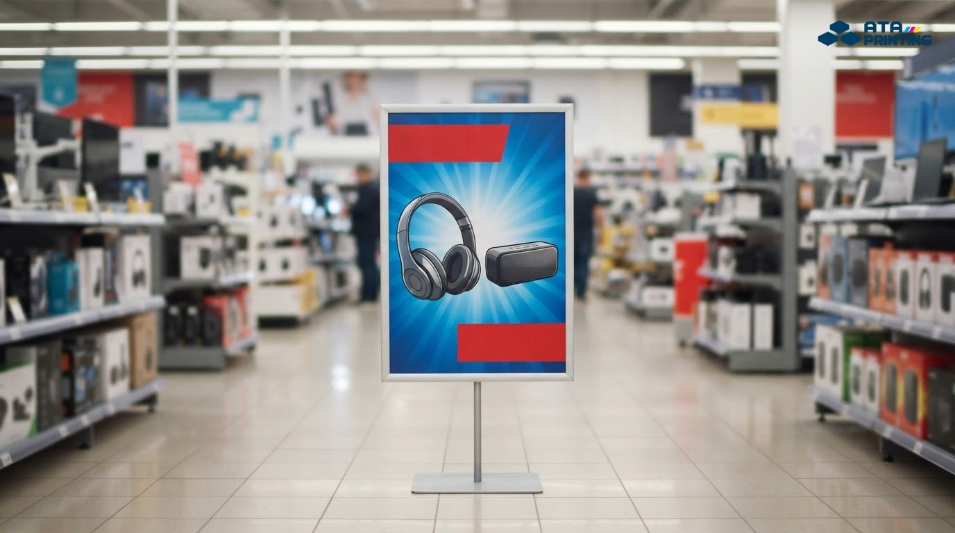 Standee trong siêu thị công nghệ in ảnh tai nghe và loa không dây trên nền xanh dương