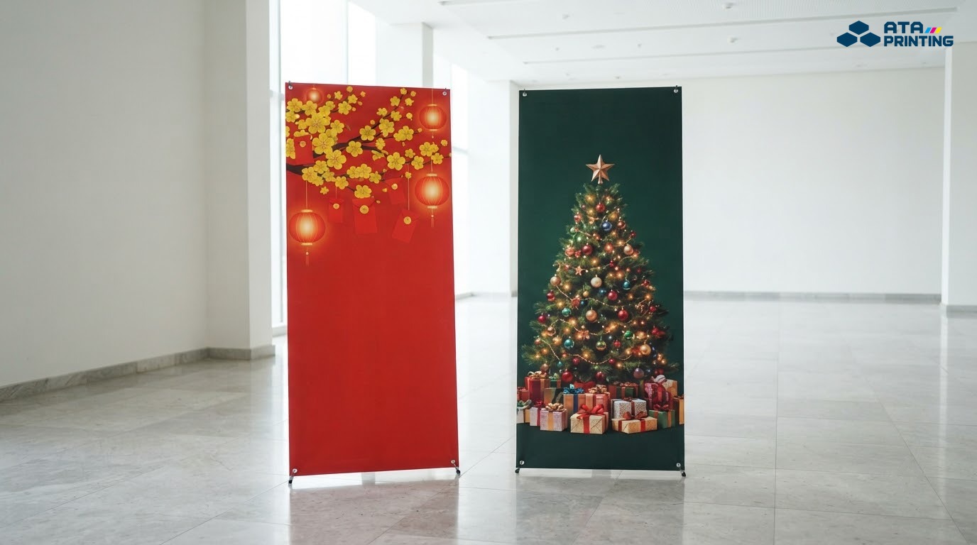 Standee Tết với hoa mai, đèn lồng và standee Giáng sinh với cây thông, hộp quà