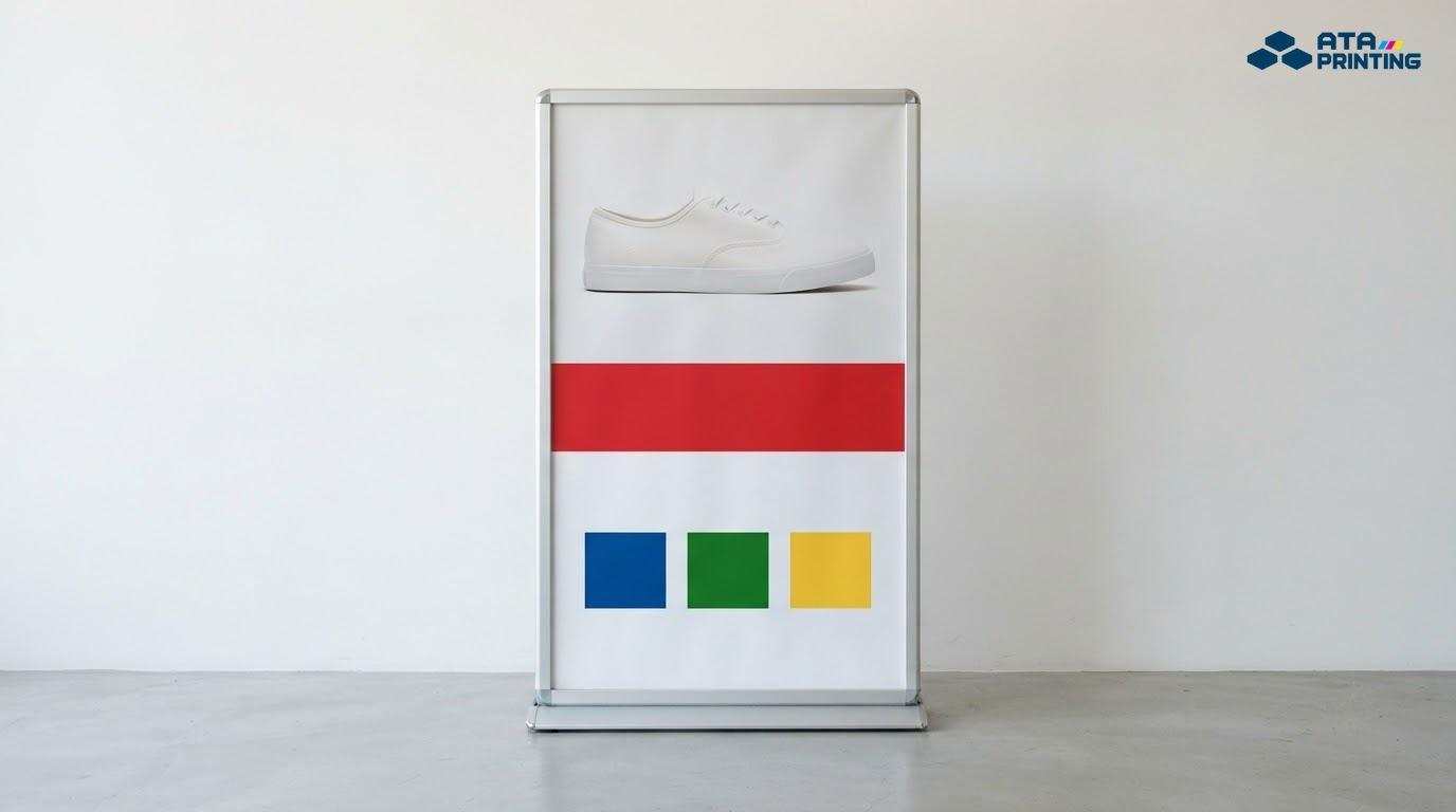 Standee chia ba tầng: ảnh sản phẩm lớn, dải đỏ nổi bật và các ô màu nhỏ