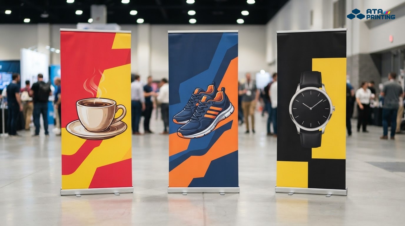 Ba standee phối màu tương phản đỏ vàng, xanh navy cam và đen vàng