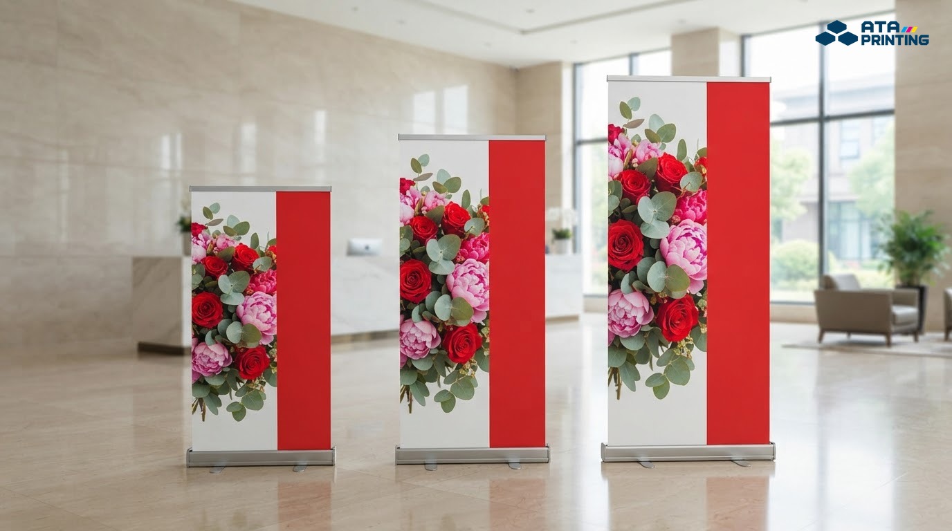 Ba standee cùng mẫu với chiều cao thấp, vừa và cao đứng cạnh nhau