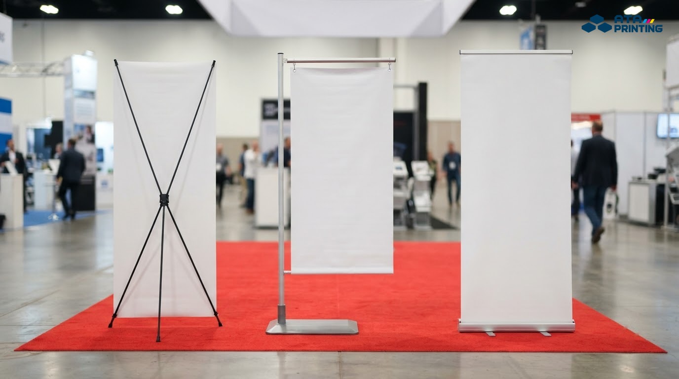 Khung standee chữ X, chữ T và khung cuốn nhôm có hộp đế đứng cạnh nhau