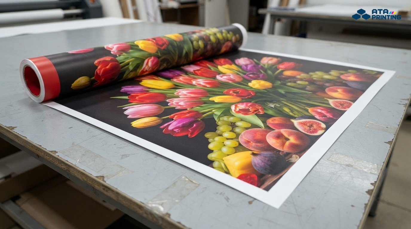 Cuộn poster standee vừa in trải dài trên bàn với màu sắc tươi sắc nét