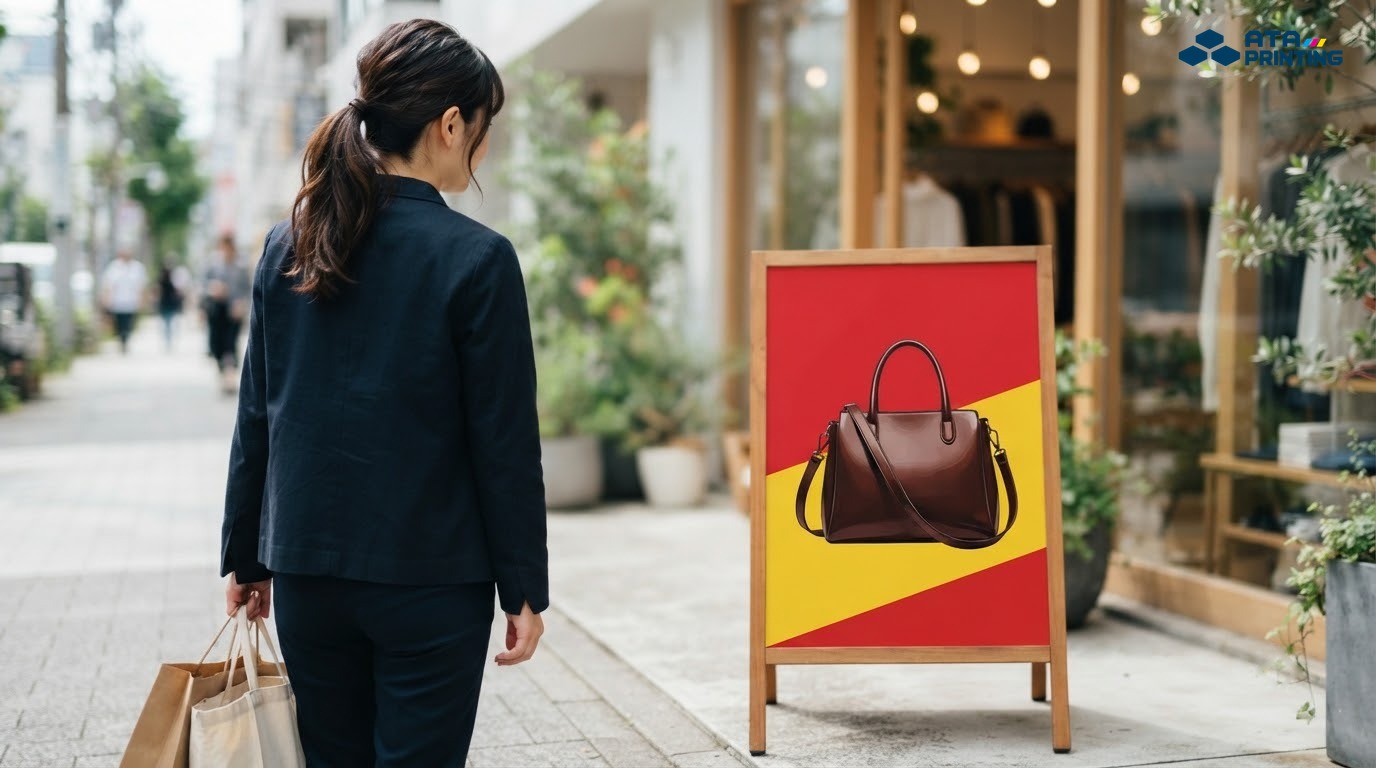 Khách hàng dừng lại xem standee khuyến mãi trước cửa hàng