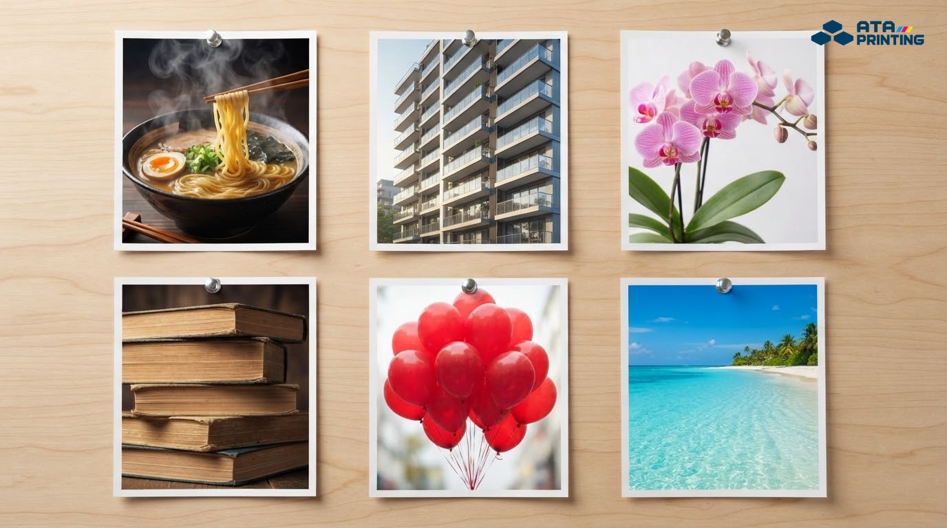 Sáu tờ rơi của các ngành ẩm thực, bất động sản, spa, giáo dục, khai trương và du lịch ghim trên bảng
