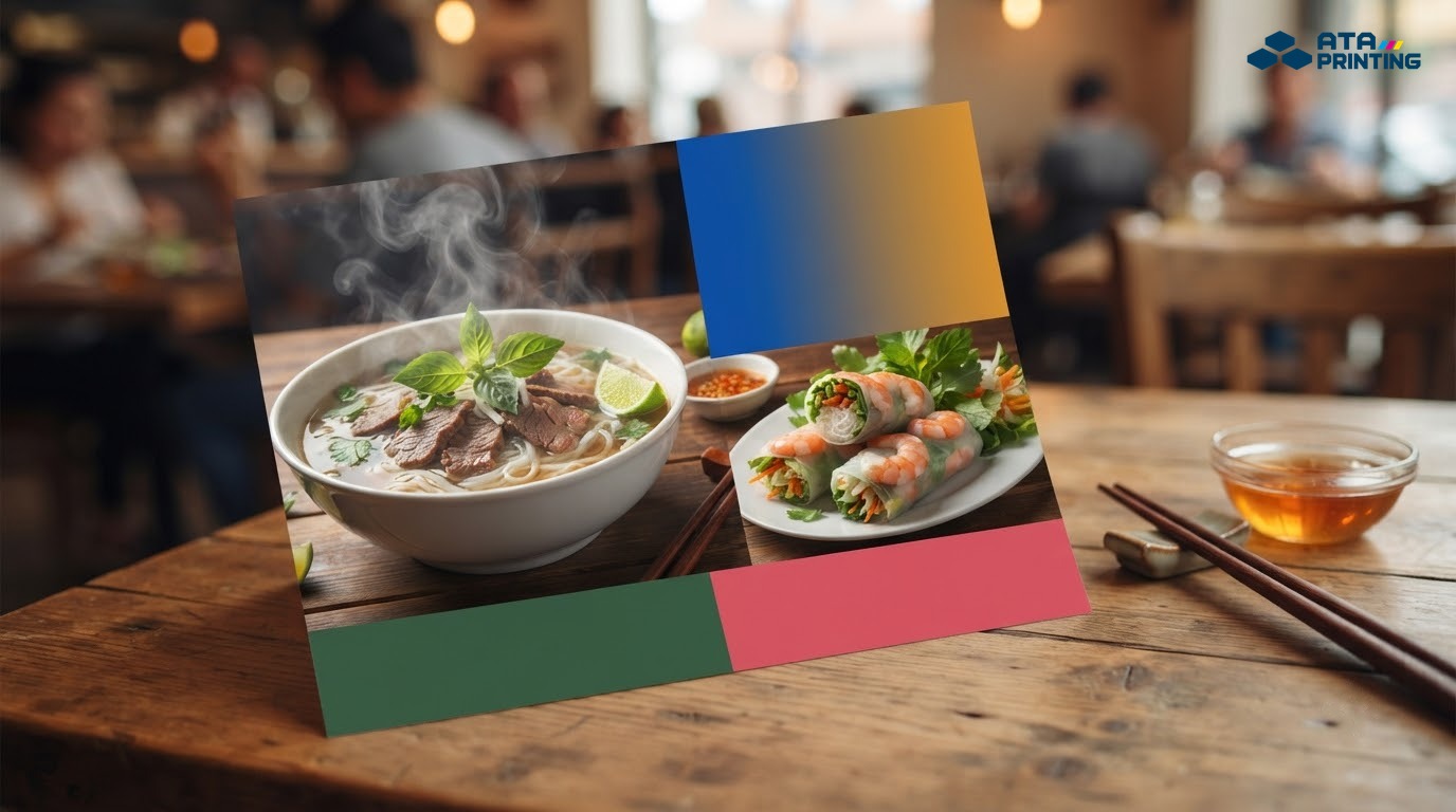 Tờ rơi quán ăn in ảnh phở và gỏi cuốn sắc nét, đặt trên bàn gỗ cạnh đôi đũa và chén nước chấm