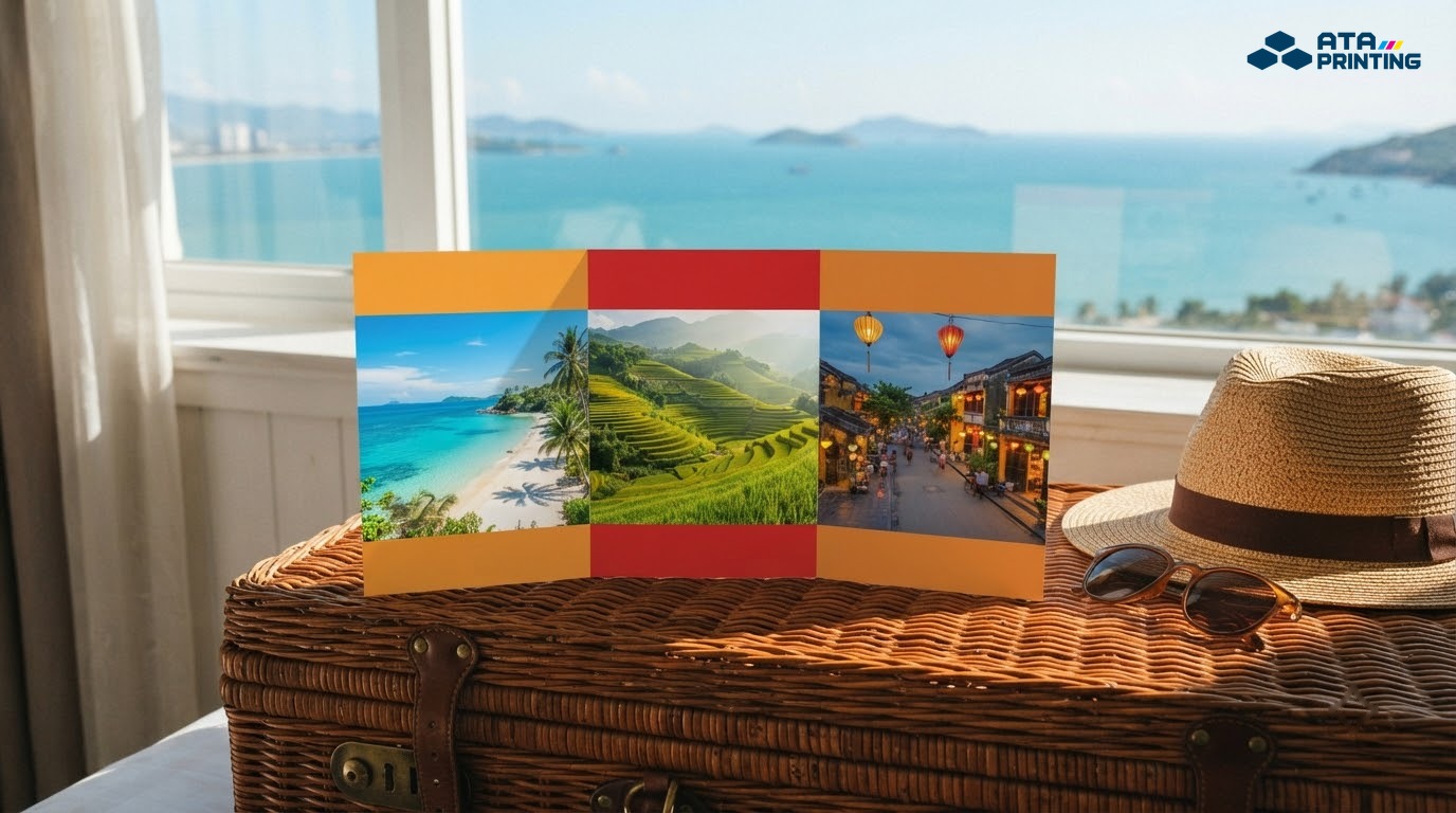 Tờ gấp ba du lịch in ảnh biển, ruộng bậc thang, phố cổ đặt trên vali cạnh mũ cói