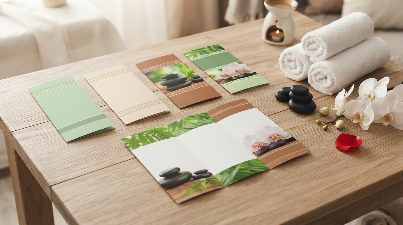 Bộ tờ rơi spa massage tông xanh pastel và be bày cạnh khăn, đá massage và hoa lan
