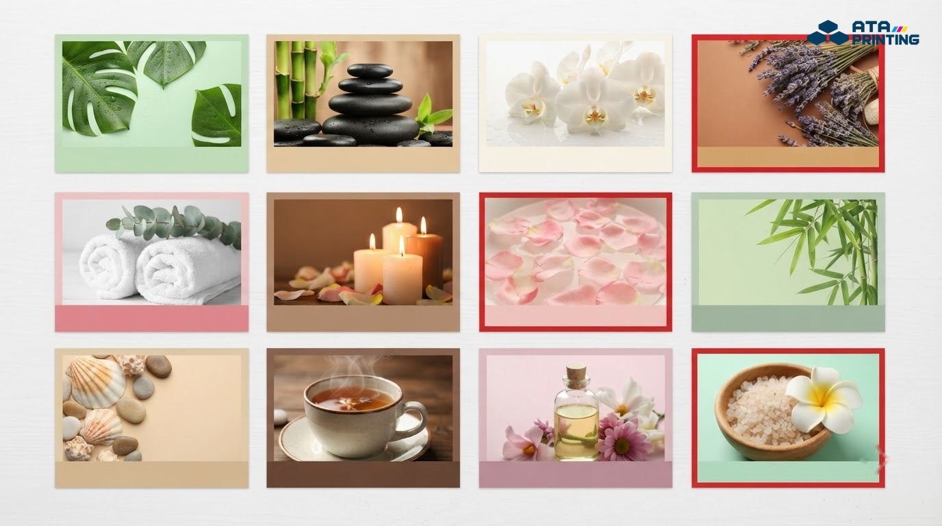 Nhiều mẫu tờ rơi spa massage nhiều tông màu xếp thành lưới trên bàn trắng