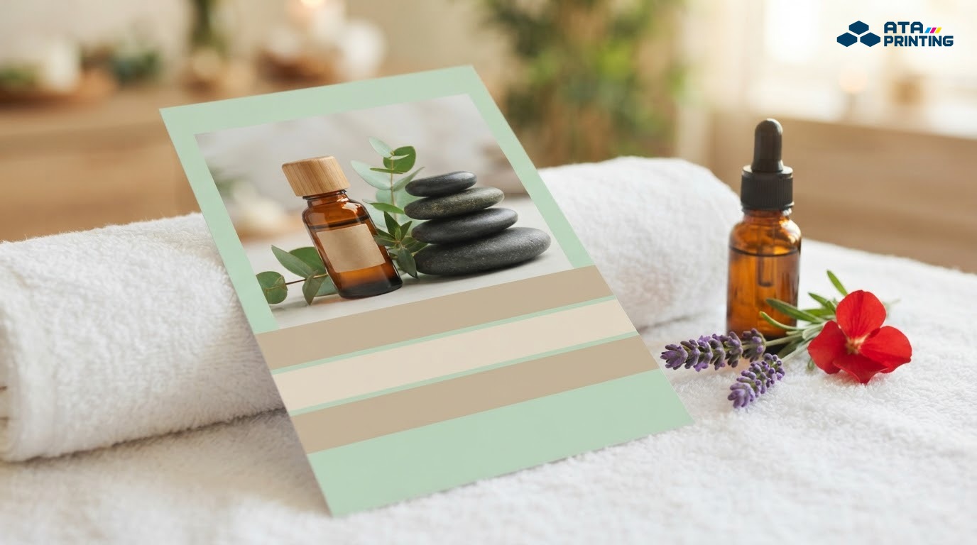 Tờ rơi massage body tông xanh pastel in ảnh tinh dầu và đá nóng, cạnh lọ tinh dầu