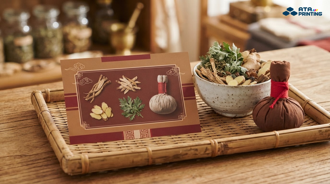 Tờ rơi dưỡng sinh đông y tông nâu đỏ in ảnh thảo dược, cạnh chén thảo dược và túi chườm