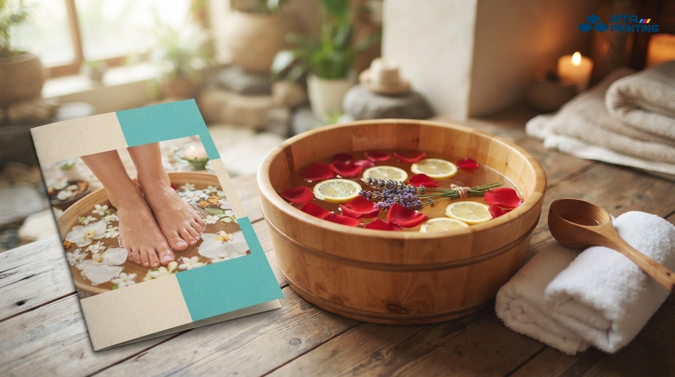 Tờ rơi foot massage in ảnh ngâm chân, đặt cạnh chậu gỗ có cánh hoa và khăn