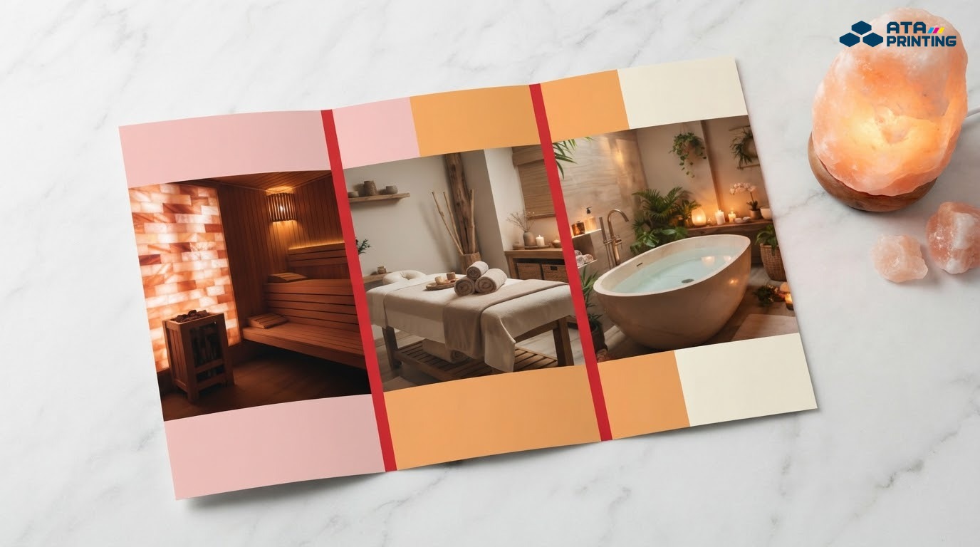 Tờ gấp ba spa in ảnh phòng xông hơi đá muối hồng, cạnh đèn đá muối đang sáng